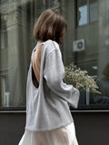 Bonnyshow  Solid Knitted Loose Backless Sweater Women Autumn New Scoop Neck Long Sleeve Sweaters Simple Casual Fashion Pullover Jumper Tops