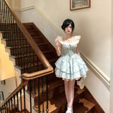 Bonnyshow  French Sweet Square Neck Small Flying Sleeve Floral Princess Puffy Dresses Women Summer Waist Slimming A-line Temperament Dress