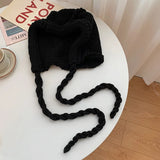 Bonnyshow Korean Knitted Balaclava Hat Handmade Winter Wool Lace Up Beanie Cap Solid Color Ear Protection Hats Christmas Accessories