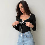 Bonnyshow Clashing Colors Patchwork Lace-Up V-Neck Square Neck Short Navel-Gazing Long Sleeve Top Fall For Hottie Girl Wear