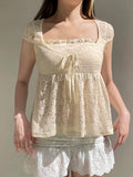 Bonnyshow  Fashion Lace Sheer Chic Summer New Women T-Shirts Fake 2 Piece Sweet Cute Bow Solid Blouses