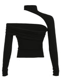 Bonnyshow Asymmetrical Cut Out Sexy Choker T Shirt Women Black Skinny Off Shoulder Long Sleeve Crop Tee Rave Baddie Streetwear Tops