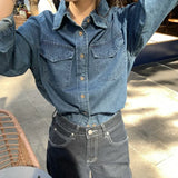 Bonnyshow Polo Collar Solid Color Casual Washed Denim Long-sleeved Shirt Women 2025 Spring New Streetwear Single-breasted Loose Tops