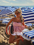 Bonnyshow  Print Red White Checkered Chest Wrap Pleated Fluffy Hem Sleeveless Backless Vacation Versatile Beach Party Trend Tops