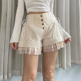 Bonnyshow Y2k Ruffles Shorts Cute 2000s Baggy Button Up High Waist Side Bandage Vintage Short Pants Casual Women Outfits