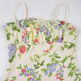 Bonnyshow  Elegant Charming Floral Print Spaghetti Strap Dress French Style Prairie Chic Ruffles Trim Knee Length Dresses Retro