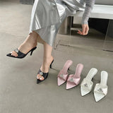 Bonnyshow  Summer CRYSTAL Diamond Women Slippers Fashion Pointed Toe Ladies Shoes Thin Heels Banquet Slides Sandals