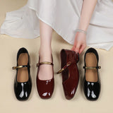 Bonnyshow  Shallow single shoes women 2025 summer new red patent leather evening style square head low heel flat Mary Jane shoes