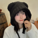 Bonnyshow Winter Knitted Plush Hat Women Cute Cartoon Bear Ear Ear Protection Cap Korean Autumn Solid Color Warm Windproof Hats