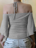 Bonnyshow  Fashion Beading Slim Fit Chic Women Halter Tops Bating Sleeve Solid Causal Simple Slash Neck Blouses