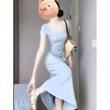 Bonnyshow  Summer Women's Korean Graceful Square Collar Slim Dress Lady Fashion Joker Solid Long Short Sleeve Dresses 2025 New Clothing