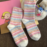 Bonnyshow Rainbow Striped Socks Women Korean Y2K Girls Pink Rabbit Print Sock Autumn Winter Warm Mink Plush Female Floor Socks