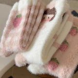 Bonnyshow Japanese Cute Socks for Women Winter Thicken Warm Plush Sock Korean Strawberry Print Coral Fleece Floor Sleeping Socks