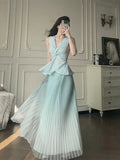 Bonnyshow  High-end temperament elegant set women spring summer V-neck sleeveless top pleated half body long skirt two-piece set