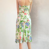 Bonnyshow  Elegant Charming Floral Print Spaghetti Strap Dress French Style Prairie Chic Ruffles Trim Knee Length Dresses Retro