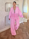 Bonnyshow  Casual Deep V-neck Shirt Long Pant Set Women Fashion Solid Flowers Lace Up Shirts Straight Pants Sets Lady 2025 Chic Streetwear