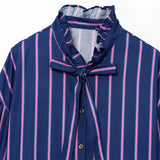 Bonnyshow  women's casual simple stand up collar long sleeved fashionable bow decoration striped summer new shirt