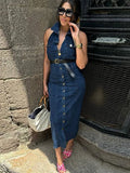 Bonnyshow  Fashion Halter Belt Jeans Long Dress For Women Single Breasted High Waist Slim Maxi Dress Lady 2025 Summer Chic Street Vestidos