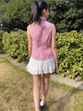 Bonnyshow  Pink Striped Blouse T-shirts Women Summer Casual Slim Turn-down Collar Sleeveless Tees Cute Sweet Preppy Style Y2K Crop Tops New