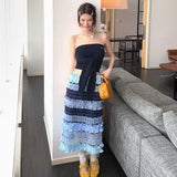 Bonnyshow  Summer New Stylish Spliced Stripe Fungus Edge Mesh Skirt High Waist Slimming Straight Tube Cake Midi Skirts for Women