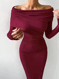 Bonnyshow One Neck Knitted Dress Autumn Fashion Sexy Ladies Slim Fit High Waist New Long Skirt Stylish Women Long Sleeves Dresses