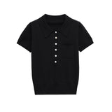 Bonnyshow  Pocket Solid Knitted T-shirt Women Buttons Turndown Collar Short Sleeve Tee Shirts Summer Simple Casual Fashion Tops T-shirts