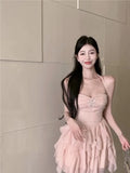 Bonnyshow Backless Mini Dress Woman Elegant Sleeveless  Summer French Style Diamonds Ruffles Pink Slim Sexy Dresses Sweet Ladies Party