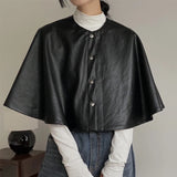 Bonnyshow Solid Color Leather Women's Cloak Shawl Fashion Round Neck Single Breasted Short Tops Autumn Casual Loose Retro Women Jacket