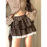 Bonnyshow Korean Lace Patchwork Casual A-line Skirt Women 2025 Spring New High Waist Contrast Color Sexy Pleated Cake Skirt