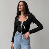 Bonnyshow Clashing Colors Patchwork Lace-Up V-Neck Square Neck Short Navel-Gazing Long Sleeve Top Fall For Hottie Girl Wear