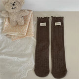 Bonnyshow Korean Cotton Ruffles Middle Tube Socks for Women Solid Color Label Pile up Socks Japanese Lolita Girl Accessories New year gift