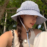 Bonnyshow Japanese Plaid Bucket Hat Summer UV Sunscreen Beach Hat Female Ins Bow Knot Big Brim Fisherman's Hat Beach Accessories