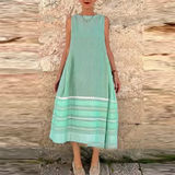 Bonnyshow  Summer Elegant O-neck Big Hem Pullover Dress 2024 Vintage Striped Print Long Dress Women Casual Sleeveless Loose Halter Dress
