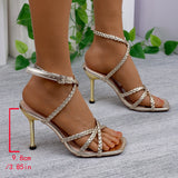 Bonnyshow  Summer Ankle Strap Retro Woman Shoes Beige Heeled Sandals Large Size Square Toe Breathable Original Black Big Low Stiletto