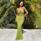 Bonnyshow Sexy Sleeveless Backless Maxi Dress Green Outfit Women Vacation Long Dresses Elegant Summer Clothes 2024