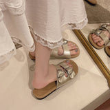 Bonnyshow  Belt Buckle Slippers Women's Fashion Round Head Open Toe Metal Buckle Soft Soled Non-slip Wear-resistant Flat Shoes