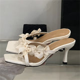 Bonnyshow  Summer Butterfly-kont Square Toe Woman Slippers Fashion Elegant Thin High Heels Party Slide Shoes Zapatos De Mujer