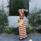 Bonnyshow Summer Knitted Beach Dress Women Sexy Hollow Out Maxi Bohemian Dresses Long Sleeve Striped Holiday Outfits Beachwear