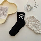 Bonnyshow Warm Coral Velvet Socks for Women Kawaii Flower Bows Mid Tube Sock Lady Thicken Warm Plush Sleep Home Floor Socks