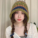 Bonnyshow Rainbow Knitted Hat for Women Autumn Winter Ear Protection Beanies Handmade Colorful Tassel Ball Ladies Bomber Hats