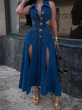 Bonnyshow  Lapel Hollowed Out Women Jeans Dresses Sexy Stand Collar Metal Button Open Waist Sleeveless Split Spring Autumn Lady Denim Dress