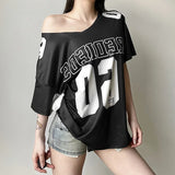 Bonnyshow  Y2k Aesthetic Summer Letter Printing T-shirts Harajuku Patchwork Loose Oversize Tops 2025 Women Harajuku Skew Collar Casual Tees