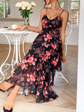Bonnyshow  Summer Casual Vacation Style Suspender Dress Bohemian Print Cake Dresses Sleeveless Beach Long Dress Women's Vestidos