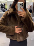 Bonnyshow Fashion Solid Color Plush Women's Coat Casual Retro Turndown Collar Short Coats Women Winter Soft Comfortable Warm Outerwears