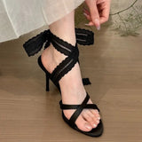 Bonnyshow  Lace Pointed Toe Women Heeled Sandals Stilettos Shoes Woman Slippers Slingback 2025 Fashion Summer Sexy Dress Pumps Zapatillas