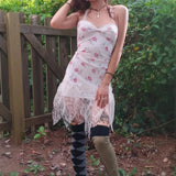 Bonnyshow  Flower Dress 2025 Summer New Product Sexy V-neck Lace Girl Sensation Pure Desire Style Short Skirt