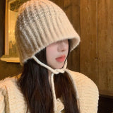 Bonnyshow Winter Wool Bucket Hat for Women Warm Knitted Ear Protection Cap Korean Solid Color Coldproof Crochet Fisherman Hats