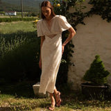 Bonnyshow  Sexy Lace Patchwork Women Dresses Club V Neck Half Sleeve Hollow Out Female Maxi Dress 2025 Summer Evening A Line Lady Vestidos