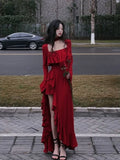 Bonnyshow Spring Women Elegant Long Slevee Midi Dress Female Red Square Collar Ruffle Party Dress Christmas Irregular Prom Dress