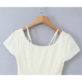 Bonnyshow  Retro Beige Hollow Out Embroidery Mini Dress Sweet Girl Short Sleeve A-line Slim Summer Dresses Holiday Robe